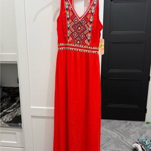 NWT Gianni Bini Vibrant Orange Red Maxi Dress with Embroidery